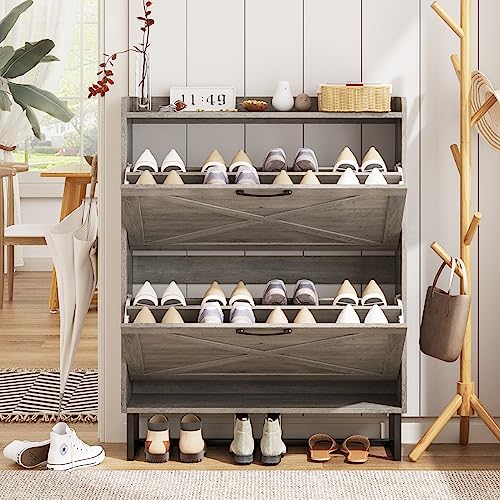 Maupvit Shoe Cabinet with 2 Flip Drawers, Freestanding Shoe Cabinet Organizer with Metal Legs, Shoes Storage Cabinet for Entryway, Narrow Shoe Ra