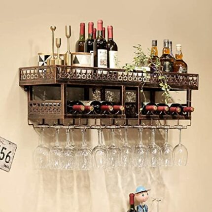 EYLINK Industrial Vintage 2-Tier Wine Racks Wall Mounted, Rustic Metal Hanging Wine Bottle Holder Goblet Stemware Rack, Wall Wine Holder for Bar