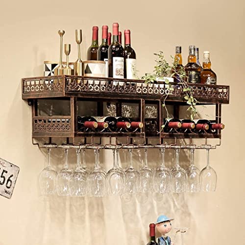 Industrial Vintage 2-Tier Wine Racks Wall Mounted, Rustic Metal Hanging Wine Bottle Holder Goblet Stemware Rack, Wall Wine Holder for Bar Wine Ce