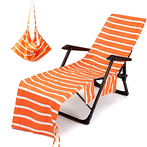 Morbuy Beach Chair Cover Towel, Solid color Striped Beach Towel Lounger Bags with Pockets Sunbed Towels Fitted Microfiber Sun Lounger Towels for