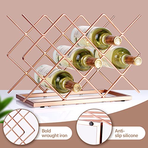 Drincarier Countertop Wine Rack - 10 Bottle Freestanding Modern Rose Gold Metal Small Wine Rack - Tabletop Wine Holder Stand for Cabinet, Pantry,