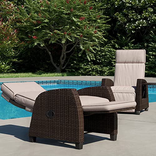 Grand patio Recliner PE Wicker, Adjustable Position Height Armchair with Flip Table and Cushion, Aluminum Frame, Lounge Chair for Indoor, Outdoor