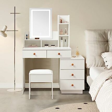 Makeup Vanity Desk with Large Lighted Mirror LED Strip, 3 Color Lighting Modes with Adjustable Brightness and 5 Level Storage Dresser, 5 Drawer V