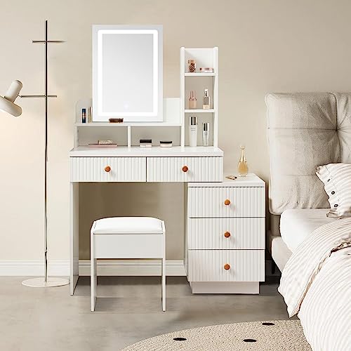 Makeup Vanity Desk with Large Lighted Mirror LED Strip, 3 Color Lighting Modes with Adjustable Brightness and 5 Level Storage Dresser, 5 Drawer V