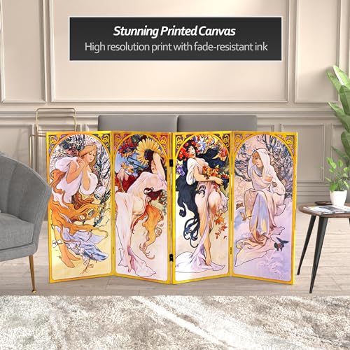 Red Lantern 3 ft. Short Double Sided Four Seasons Canvas Folding Screen 4 Panel Freestanding Partition and Separator for Modern and Contemporary
