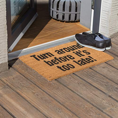 Relaxdays Coir Doormat "Turn Around Before It's Too Late" Floor Mat with Anti-Slip PVC Underside Coconut Fibre Welcome Mat, Natural