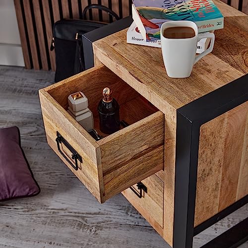Harbour Bedside Table With Two Drawers for Living Room, Hallway, Bedroom - Handcrafted Reclaimed Wood Small Side Table - Fully Assembled Rustic E