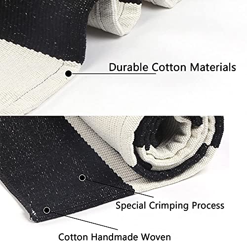 LEEVAN Outdoor Rug 5x7 Black and White Patio Rug, Washable Striped Door Mat Farmhouse Black Front Door Mat, Cotton Reversible Balcony Decor, Dura
