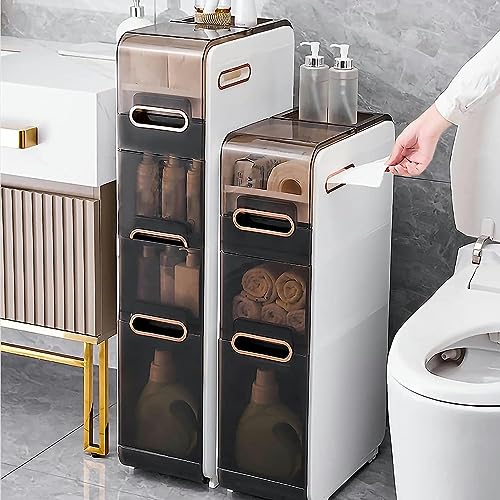 Narrow Bathroom Storage Cabinet with Drawer, 4-Tier Large Capacity Tall Slim Bathroom Floor Cabinet with Plastic Drawers and Casters Vertical Sto