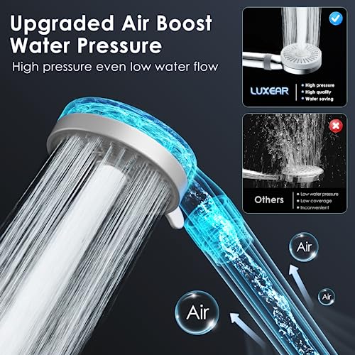 Luxear Shower Head Anti Limescale Filter for Hard Water, 5 Modes, Low Pressure Water Air Boosting Universal Handheld Rain Shower to Save Water in