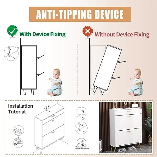 KUMIUNION Shoe Cabinet, Free Standing Shoe Rack Organizer with 2 Flip Drawers & Top Drawer, Modern Slim Narrow Shoe Storage with Metal Legs for E