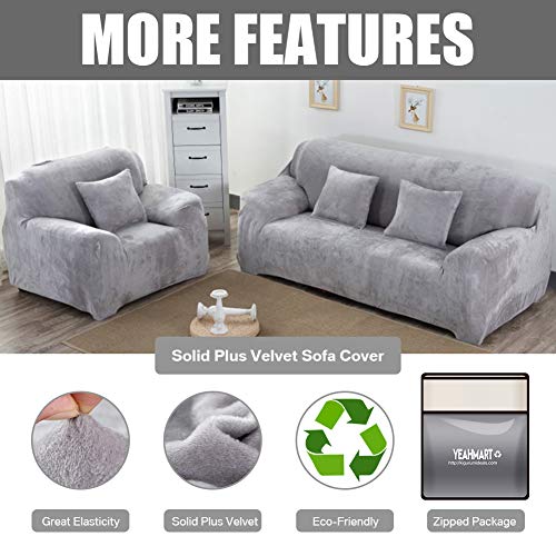 Yeahmart Thick Sofa Covers 1/2/3 Seater Pure Color Sofa Protector Velvet Easy Fit Elastic Fabric Stretch Couch Slipcover (Silver Grey, 3 Seater 1