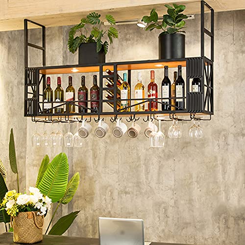 KEppd Wine Rack Wall Mounted - Wine Holder Vintage Style Ceiling Wine Racks | Metal Iron Adjustable Height Wine Bottle Holder Goblet Racks | Crea