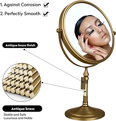 Leyden Antique Brass Makeup Mirror, 3X Magnifying Vanity Mirror Tabletop Double Side 7.8 Inch Bathroom Hardware Accessories