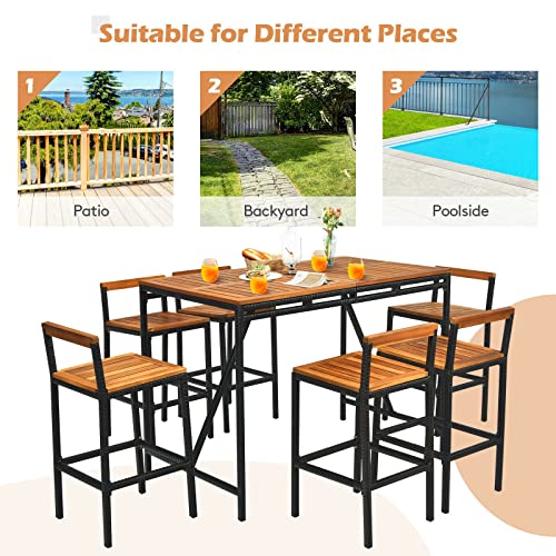 MIAOZI 7PCS Patio Rattan Bar Set Acacia Wood Frame Stools Table Umbrella Hole Outdoor Bar Set