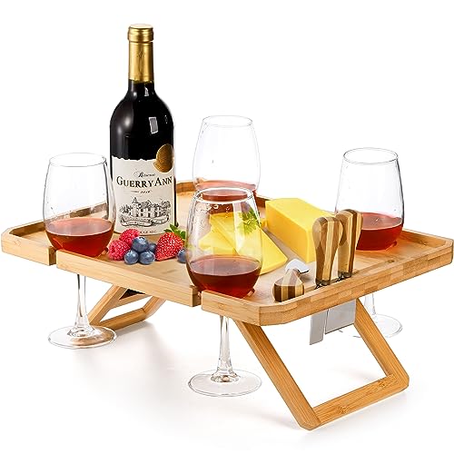 Kingrol Bamboo Wine Picnic Table with Wine Bottle, Glass and Cheese Knife Holder - Park, Camping, Beach, Outdoor Snack and Cheese Tray, Wine Love