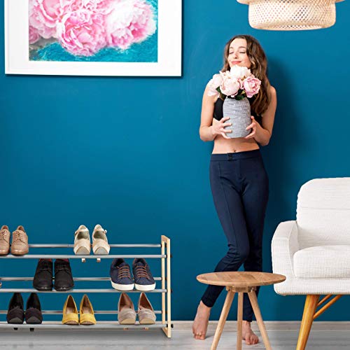 Relaxdays Extendible Shoe Rack, Open Storage Stand with 2 Tiers Wood & Iron, Up to 118 cm, Natural, iron, wood, Pack of 1