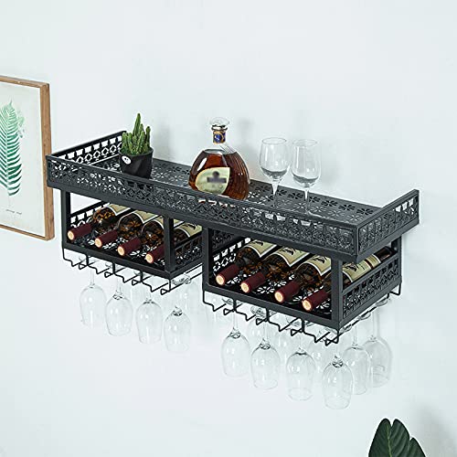 KEppd Wine Rack Wall Mounted - Wrought Iron Wine Rack | Wall-Mounted | Wine Bottle Wine Glass Holder | Rustic Modern Minimalist Style | Living Ro