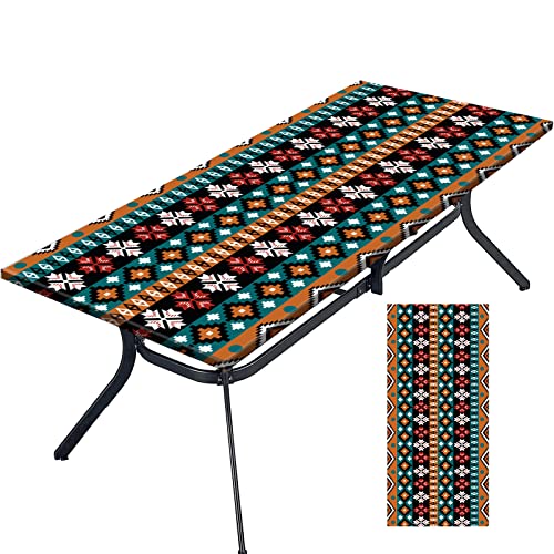 Tablecloth for Folding Table, boho Picnic Table Cover, Waterproof Fitted Table Covers for 6 Foot Tables, Elastic Rim Plastic Table Cover for Picn