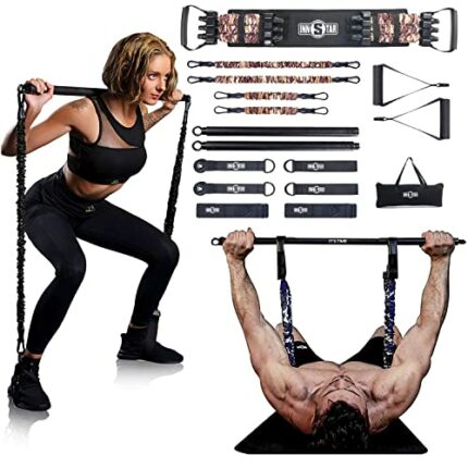 INNSTAR Portable Home Gym Set with Workout Bar, Bench Press Set, Squat Deadlift Resistance Band, Door Anchor and More-Full Body Workout Equipment