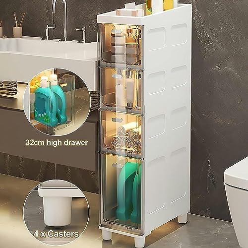 OPSREY Slim Bathroom Cabinet Storage, Large Capacity Slim Toilet Paper Storage Cabinet with Clear Plastic Drawers Casters Narrow Tall Slim Floor