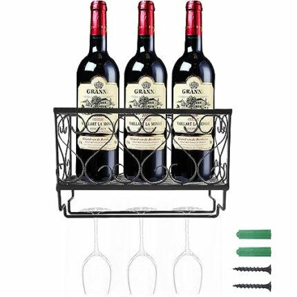 YKUKIZEE Wall Mounted Wine Rack with Stemware Rack, 25x10x17cm Floating Wine Glass Holder Hold up to 3 Glasses & 3 Bottles, Black Metal Wine Rack