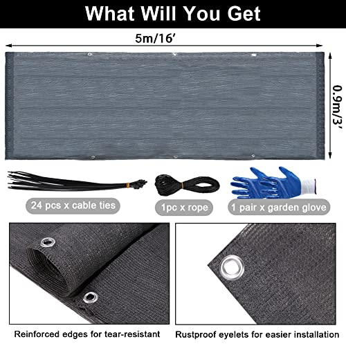 Jiakalamo Fence Mesh Balcony Sunshade Net, Set of 28 Garden Fence Privacy Cover With Gloves, Balcony Privacy Screen Pet Fence(Grey)