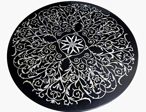 60 x 60 Inches Pietra Dura Art Hallway Table Top Black Marble Round Shape Dining Table for Home and Hotel Furniture Decor