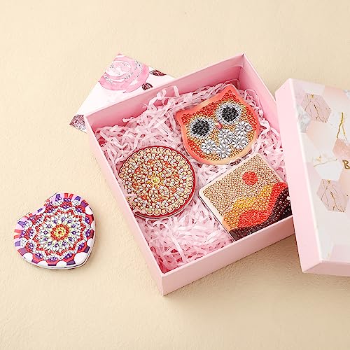 SAVITA 4pcs Diamond Art Painting Mirror Kits, Mandala Style Diamond Art Makeup Mirror Wallet Mirror Pocket Mirror Compact Mirror with Magnificati