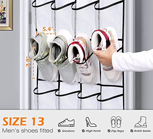 MISSLO Over the Door Shoe Storage Organiser Hanging Shoe Rack Holder 24 Large Mesh Pockets for Wardrobe Door Tidy with Hanger(White)
