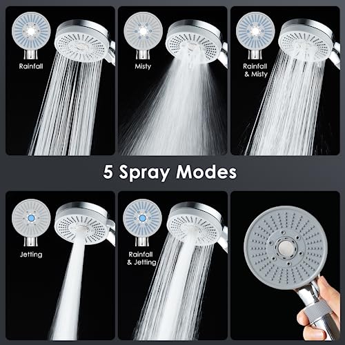 Luxear Shower Head Anti Limescale Filter for Hard Water, 5 Modes, Low Pressure Water Air Boosting Universal Handheld Rain Shower to Save Water in