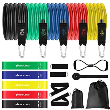 Odoland Resistance Bands Set Workout Bands with 5 Stackable Exercise Bands, 4 Resistance Loop Bands, Door Anchors, Handles and Ankle Straps for H