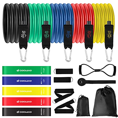 Odoland Resistance Bands Set Workout Bands with 5 Stackable Exercise Bands, 4 Resistance Loop Bands, Door Anchors, Handles and Ankle Straps for H