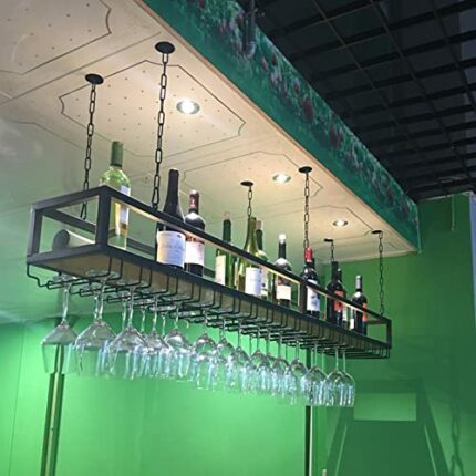 Ceiling Wine Glass Rack - Hanging Wine Rack with Glass Holder and Shelf, Height Adjustable Industrial Hanging Wine Bottle Holder, Black Metal Cei