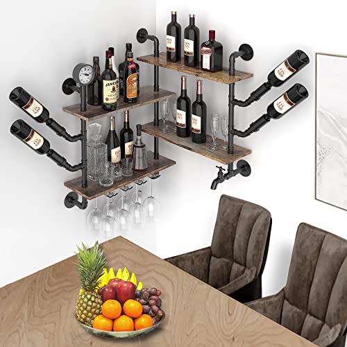 Nisorpa Wood Wine Rack Wall Mounted, Wine Glass Holder 4 Layers Corner Wine Rack Floating Bar Shelves Wine Shelf Liquor Shelf Hanging Wine Glass