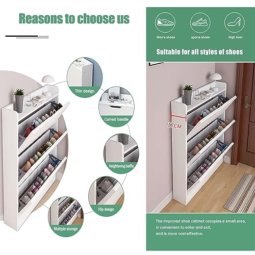 Free Standing Shoe Cabinet Tipping Bucket Shoe Rack Organizer with Flip Drawers, Modern Entryway Shoe Storage with Top Display, Narrow Slim Hidde