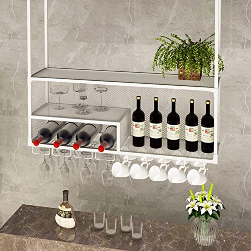 Hanging Wine Rack with Glass Holder and Shelf, 2-Layer Industrial Hanging Wine Glass Rack Ceiling, Iron Bottle Holder Wine Shelf
