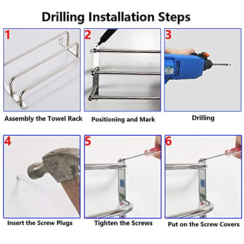 HONPHIER Towel Rail 3-Tier Bath Towel Rack SUS 304 Stainless Steel Towel Rail with Hooks Wall Mounted Towel Holder Towel Bar Rail for Kitchen Bat