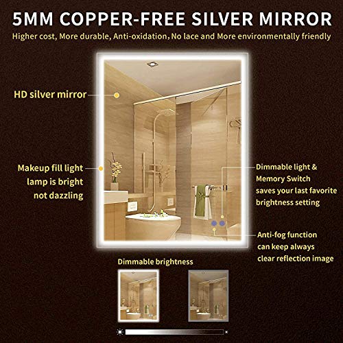 LED Bathroom Wall Mounted Mirror with Touch Sensor, Adjustable Color Temperature Warm/White/Gradient+Anti Fog+IP44 Waterproof, Bathroom Mirror, D