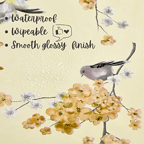 Floral Beige Wipe Clean Tablecloth with Birds - Rectangular 300x140 cm | 118x55in 10 Seats, Waterproof Vinyl Thick PVC Wax Wipeable Smooth Plasti