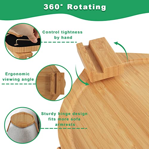 NewFree Bamboo Sofa Arm Tray Table, Tray Sofa Table for Wide Couches, Sofa Table with Rotating Phone Holder, Portable Stable Couch Armrest Sofa T