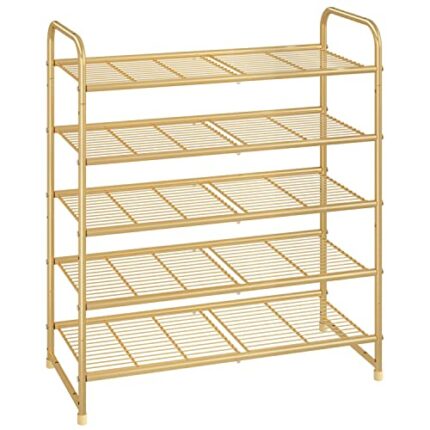 Simple Trending 5-Tier Stackable Shoe Rack, Expandable & Adjustable Shoe Organizer Storage Shelf, Wire Grid, Gold