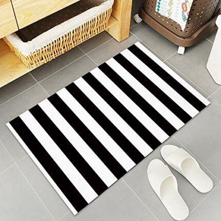Black And White Stripes Fabric Door Mat Rug Indoor/Outdoor/Front Door/Shower Bathroom Doormat, Non-slip Doormats, 18-Inch by 30-Inch