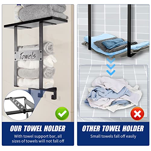 Lzziib Wall Mounted Towel Rack for Bathroom with Shelf, Towel Hanger Holder with 3 Hooks and Wooden Shelf, Metal Frame Decorative Towel Storage f