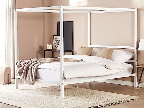 Modern Minimalist EU King Size Canopy Bed Frame Metal Plywood Slats White Lestards