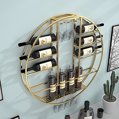 EYLINK Round Wine Rack Wall Mounted Wine Holder Metal | Wine Storage Rack Wine Bottle Holder with Glass Holder Hanging Stemware Racks Bar Wall Wi