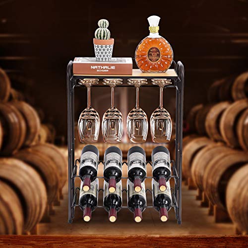 KINGRACK 8 Bottle Wine Rack with Glasses Holder and Table Top - 4 Tier Free Standing Metal Wine Shelf for Kitchen, Wine Cellar, Bar, and Countert