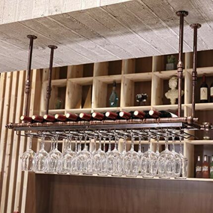 Wrought Iron Hanging Cup Holder Fashion Creative Wine Glass Rack Bar Counter Upside Down Personality J1111, PIBM, Copper, 100 * 30cm