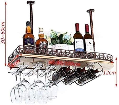 SUCHETA Hanging Wine Rack with Glass Holder and Shelf, Wine Holder Ceiling Hanging Mounted Solid Wood Wine Rack Wine Glass Metal Hanging Rack and