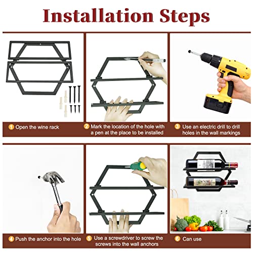 Giyiprpi 2Pcs Wall Mounted Wine Bottle Stemware Rack, Metal Hanging Wine Display Holder with 3 Stemware Glass Organizer, Red Wine Racks for Home